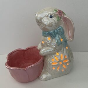 Ceramic Light Up Easter Bunny With Tulip Bowl High Gloss On/Off Blue Ribbon
